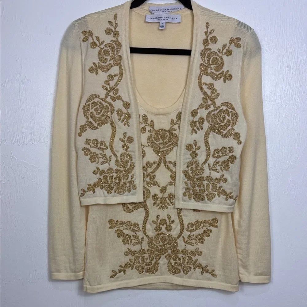 Carolina Herrera 2-Piece Virgin Wool Cardigan Tank Set Gold Embroidered M - Picture 2 of 12